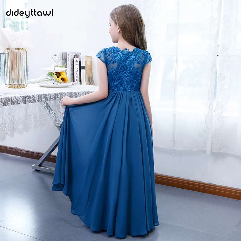 DIDELEVAGE-Robe en mousseline de soie pour filles, tawl personnalisé, bleu royal, dentelle, fleur, mancherons, ligne A, junior, demoiselle d'honneur, fête d'anniversaire