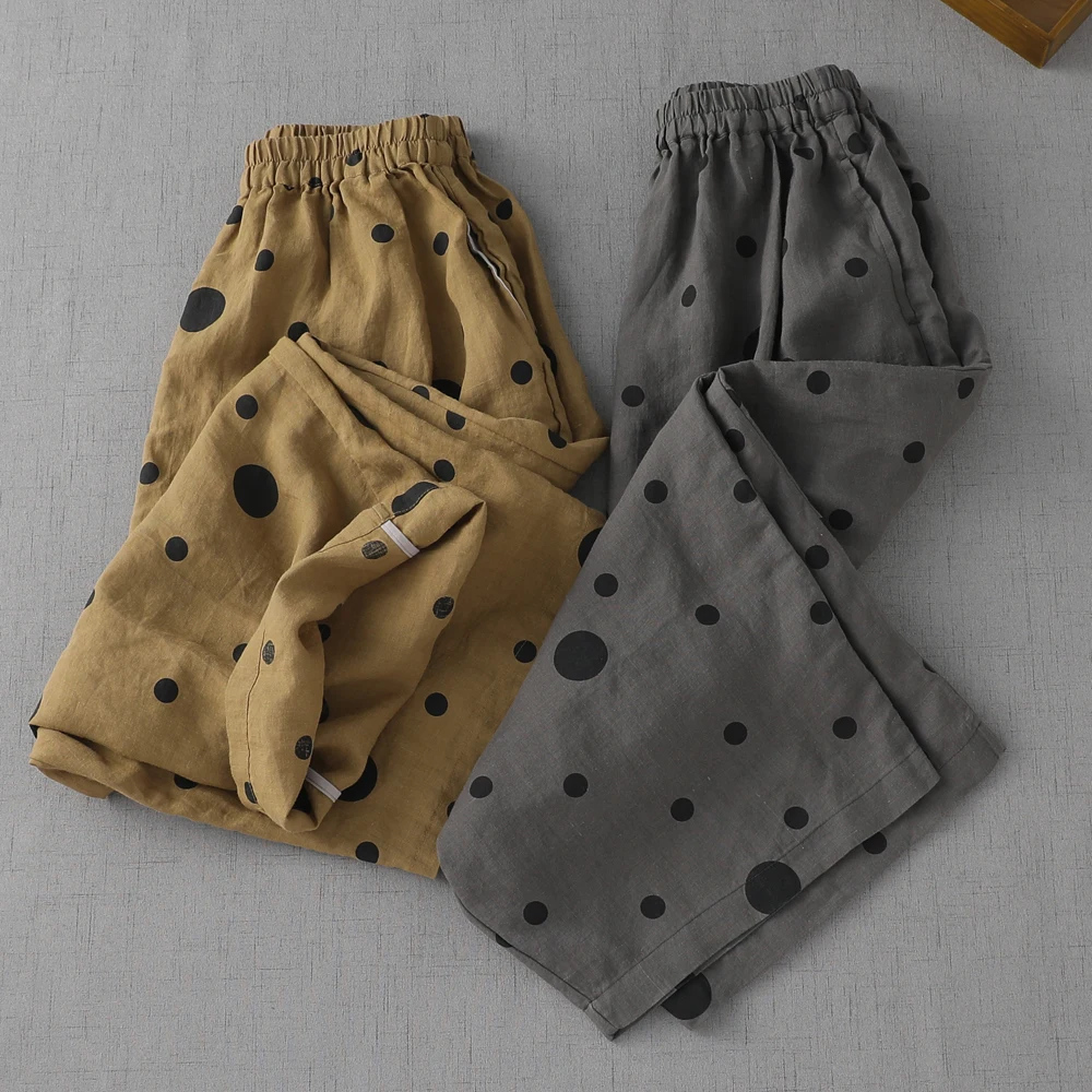 

Летние хлопковые и льняные широкие брюки в горошек, свободные большие размеры, утягивающие брюки-фонарики для похудения, женские повседневные брюки для поездок на работу