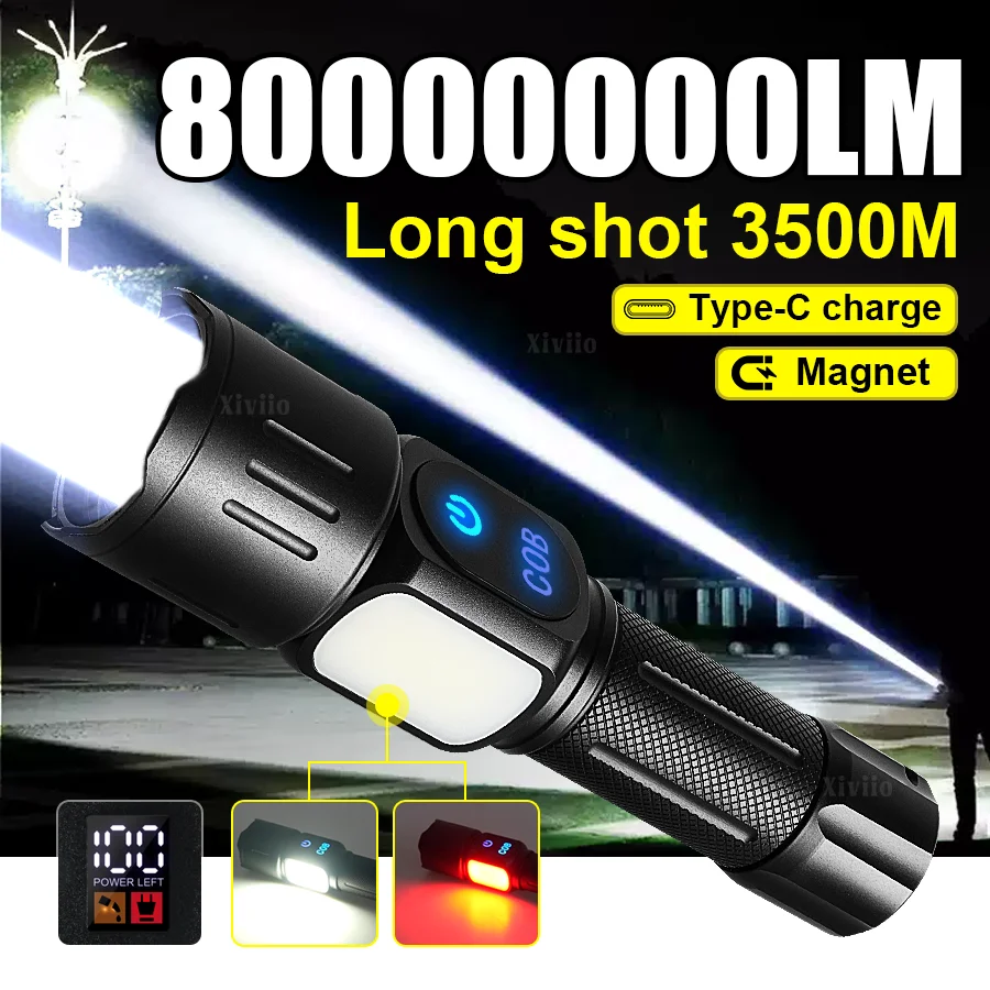 

2026 800W высокой мощности светодиодный фонарь портативный самый мощный тактический факел аккумуляторный супер яркий фонарь зум водонепроницаемый кемпинг фонарь