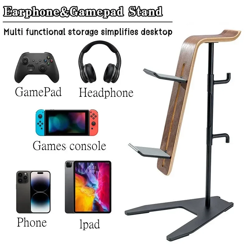 Dual-use Game Controller Storage Stand Solid Wood with Aluminum Gaming Headset Airpods Max Holder Versatile Headphone Stand Hook