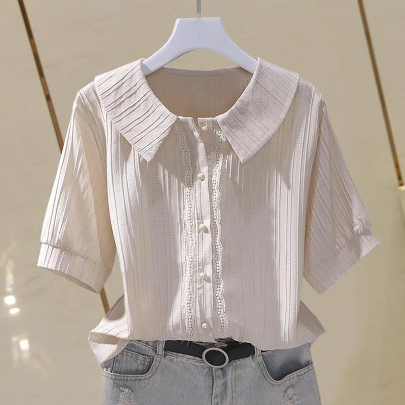 Camisa elegante con cuello Peter Pan para mujer, blusa holgada informal con volantes que combina con todo para oficina, novedad de verano 2023