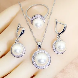 AAA Pearl White Zircon Silver 925 Jewelry Sets Bridal Earrings For Women Ring Pendant Necklace Set Wedding Jewelry Gift