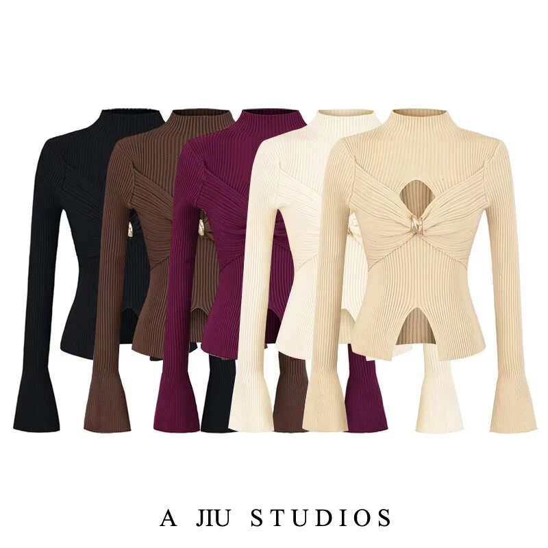 官能的な透かし編みニットベースシャツ レディース スリムフィット ハイネック インナーウェア メタルバックル ピュアデザイアスタイル 半袖トップス