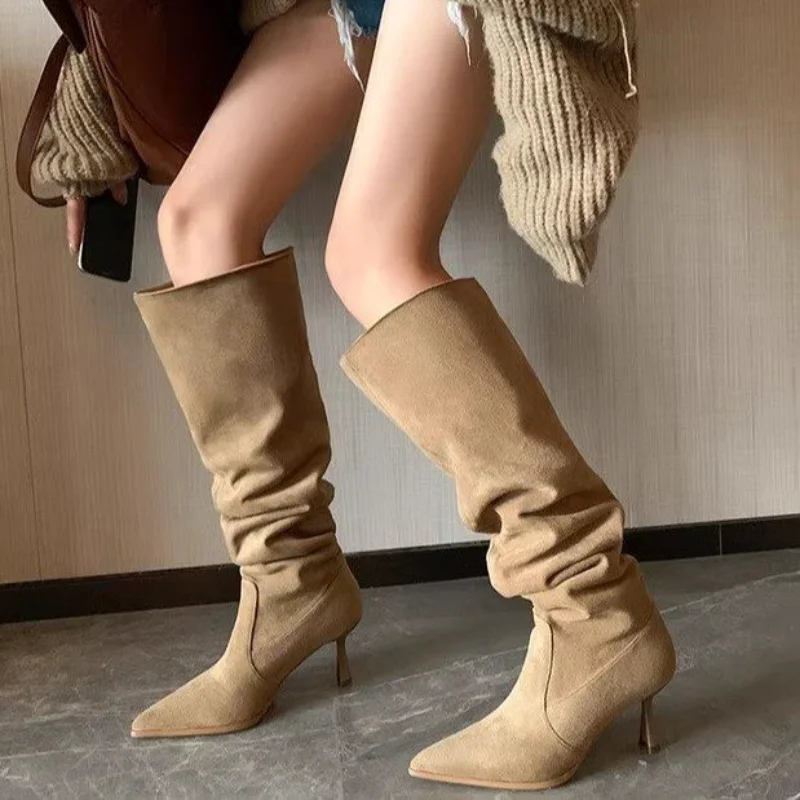 Large walled pile boots, pointed long boots, women's plus size, thin heels, high boots, high heels, thick legs, knee high boots