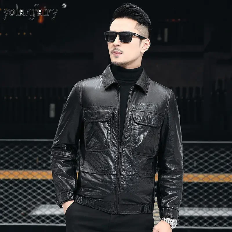 Men's Genuine Leather Jacket Men Pure Calfskin Oil Wax Motorcycle Jackets Male Short Lapel Casual Outwears Leren Jas Heren FCY