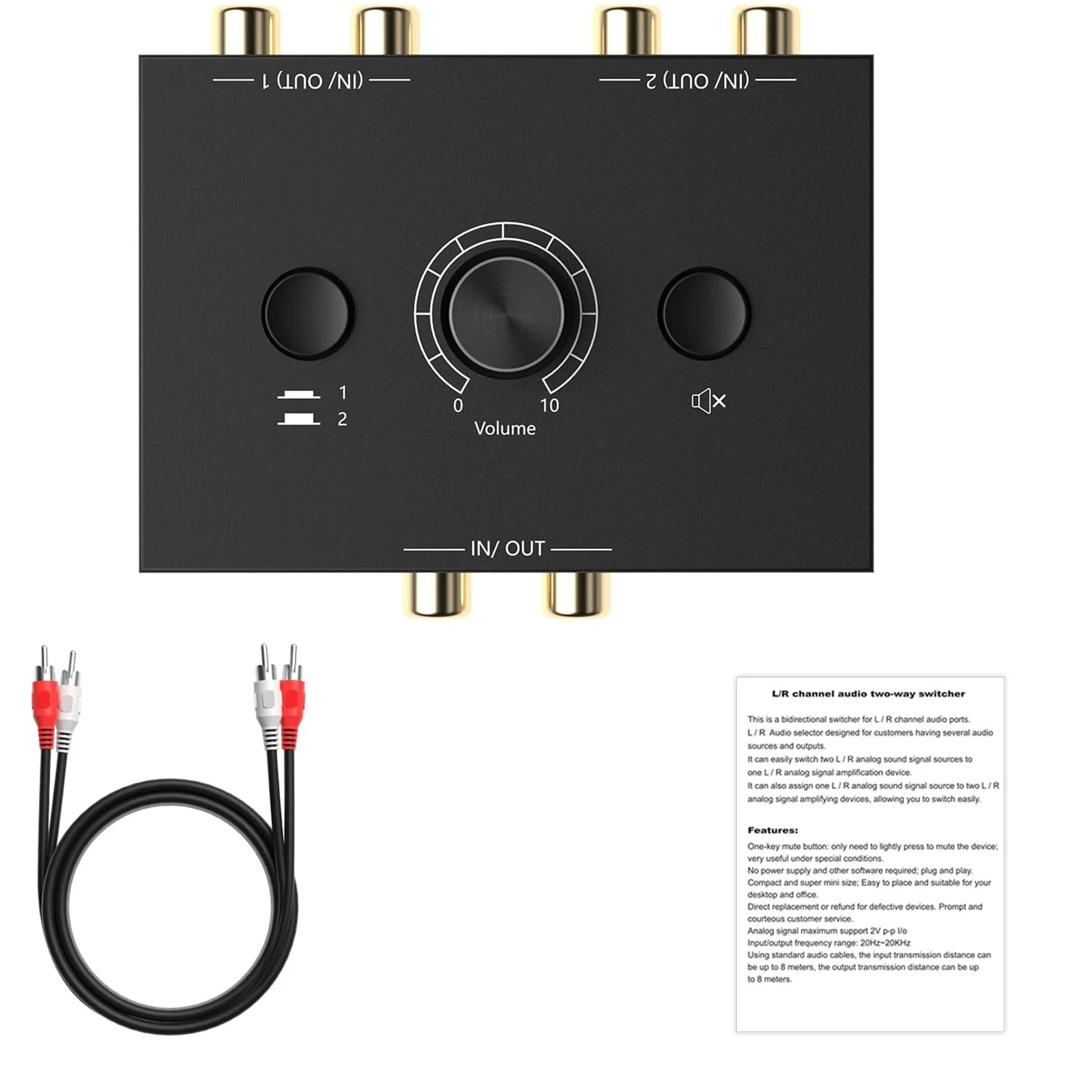 Audio Switcher Splitter Bi-Directional Audio Switcher With Mute Button 1X2 / 2X1 L / R RCA Stereo Audio Switch Audio Splitter