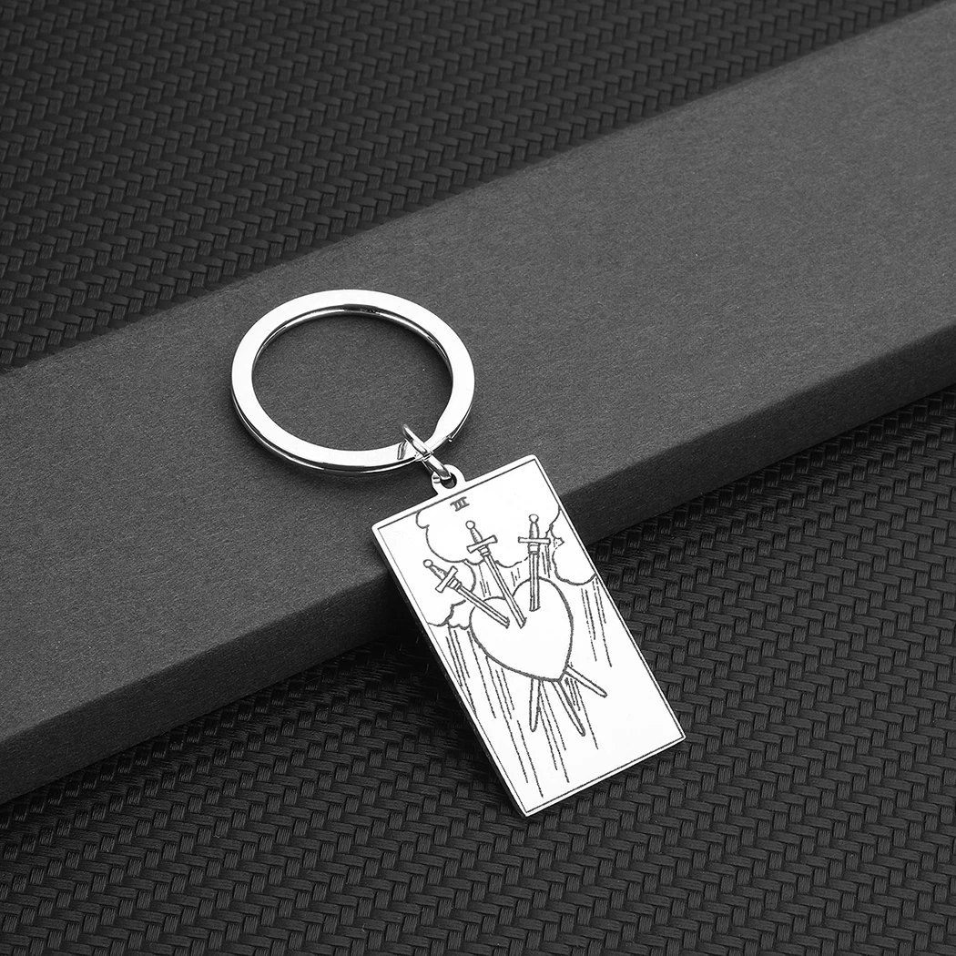 Tarot Amulet Pendant Key Ring Three Swords Piercing Heart Stainless Steel Jewelry Keychain Jewelry Gifts for Men and Women