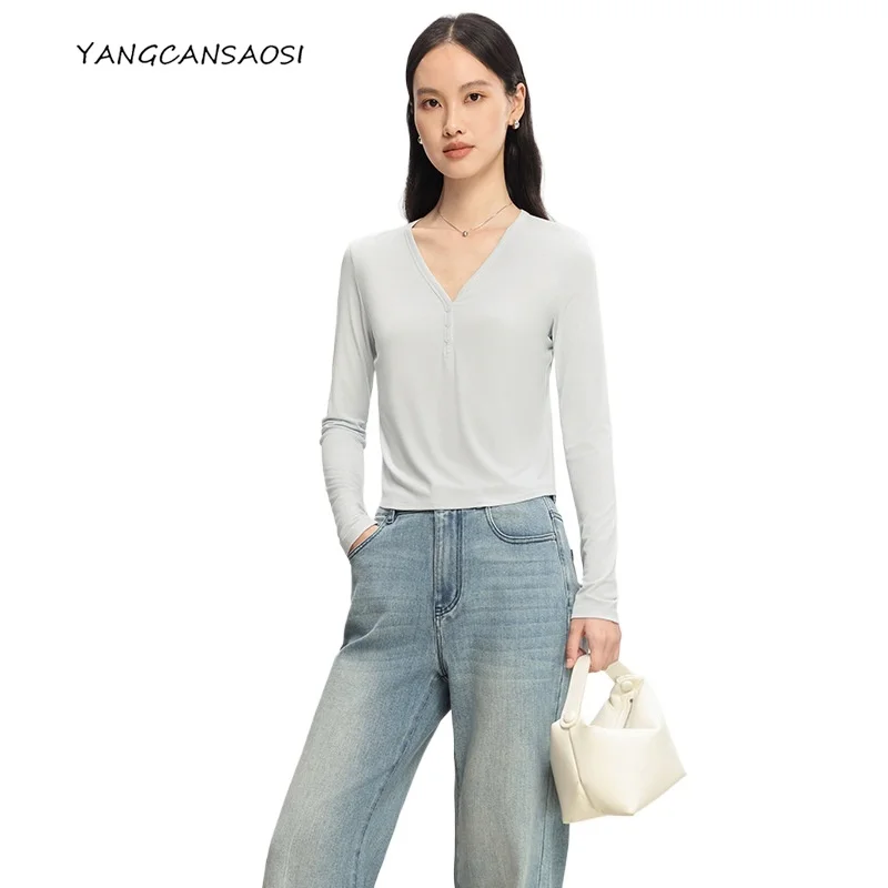 

2025 Women's Fashion Spring/Autumn New Relaxation Naked V-neck Long Sleeved Solid Color Elegant Commute Knitted Bottom Top