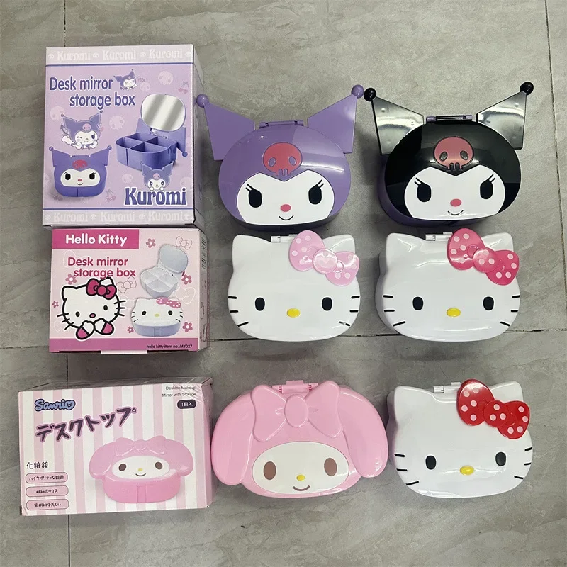 

Sanrio Kawaii Hello Kitty Four-compartment Storage Box My Melody Kuromi Anime Cartoon Fashion Cosmetics Jewelry Box with Mirror