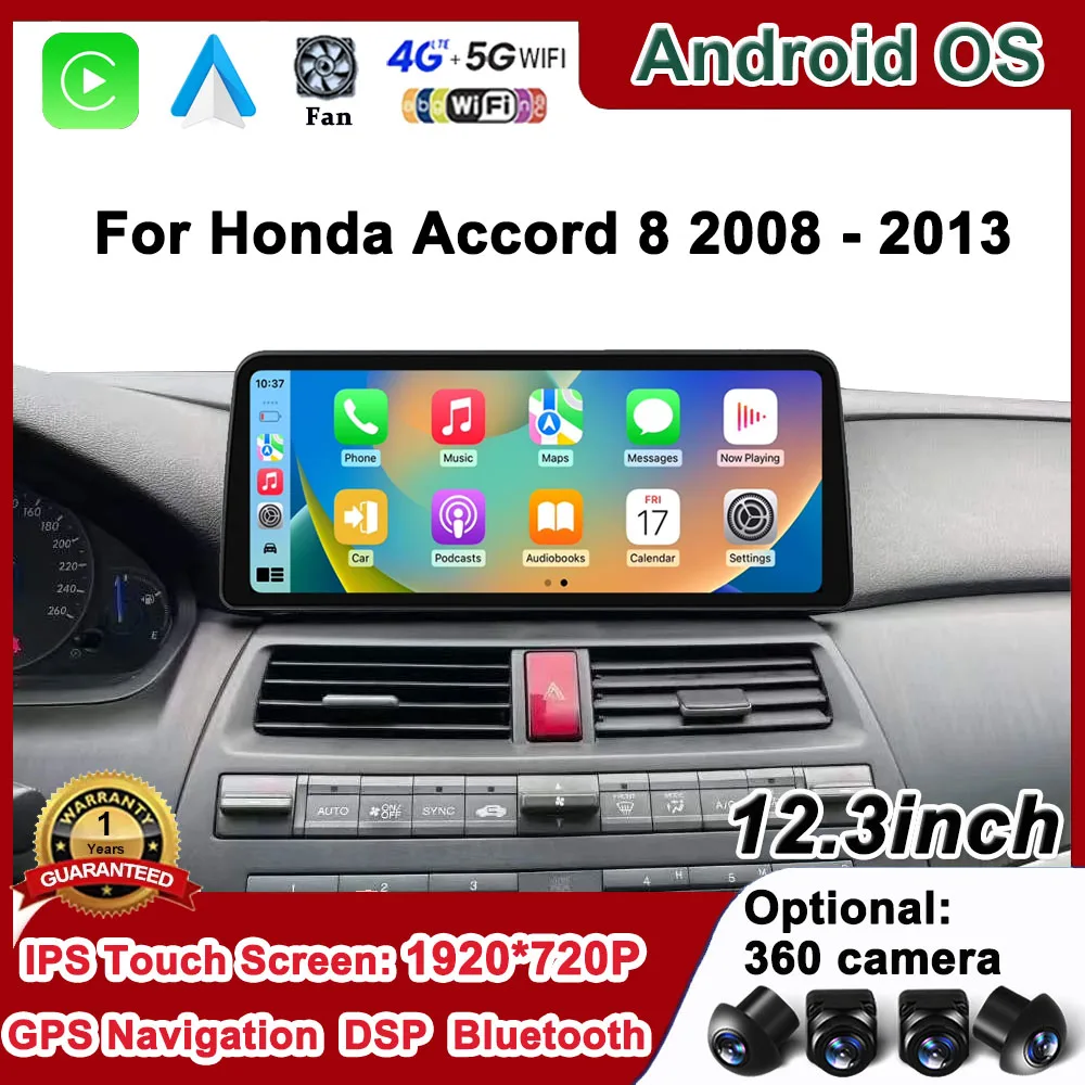 12.3 inch Android 14 for Honda Accord 8 2008 2009 - 2013 Car Multimedia Radio Player Wireless Carplay Monitor GPS Navigation BT