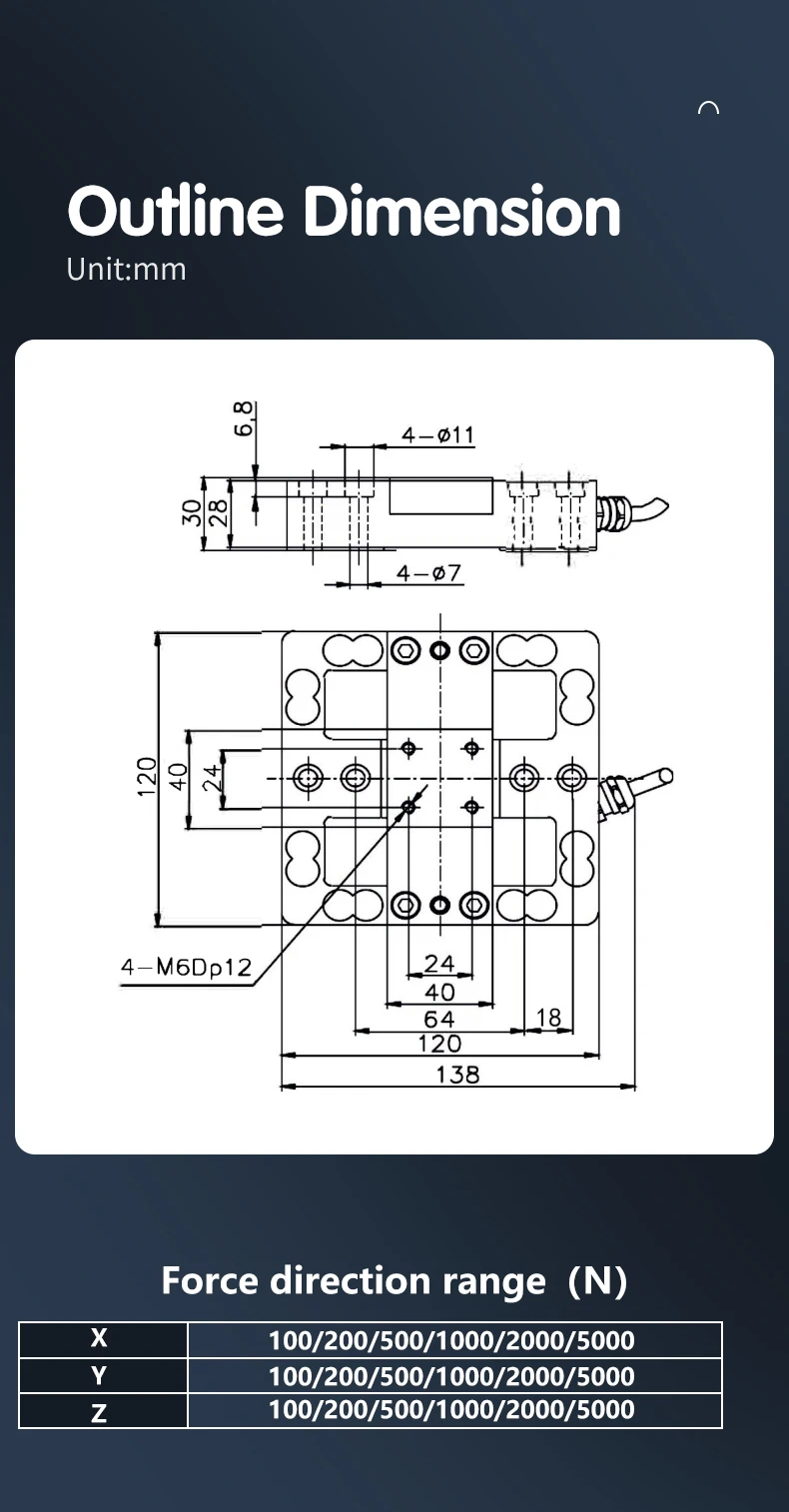 2000N 5000N Laboratory High Temperature Triple Six Three 3 Multi Transducer 6 Axis Fx Fy Fz 3D Triaxial Load Cell Force Sensor