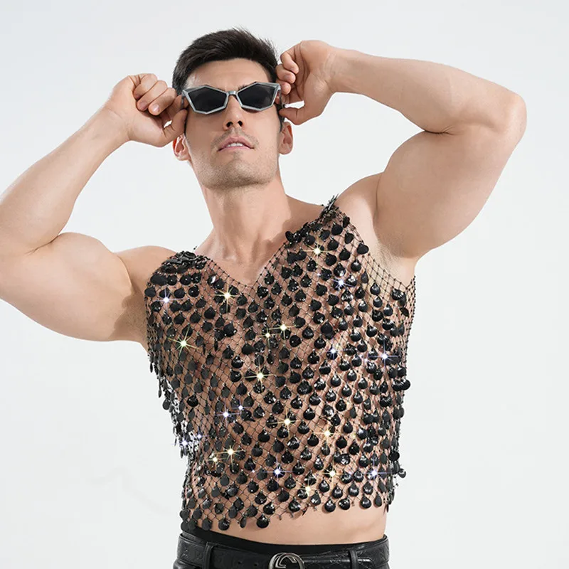Male Women Mesh Sequins Shell Tank Top Red Black Glitter See Through Vest Music Festival Nightclub Party Disco Stage Costume
