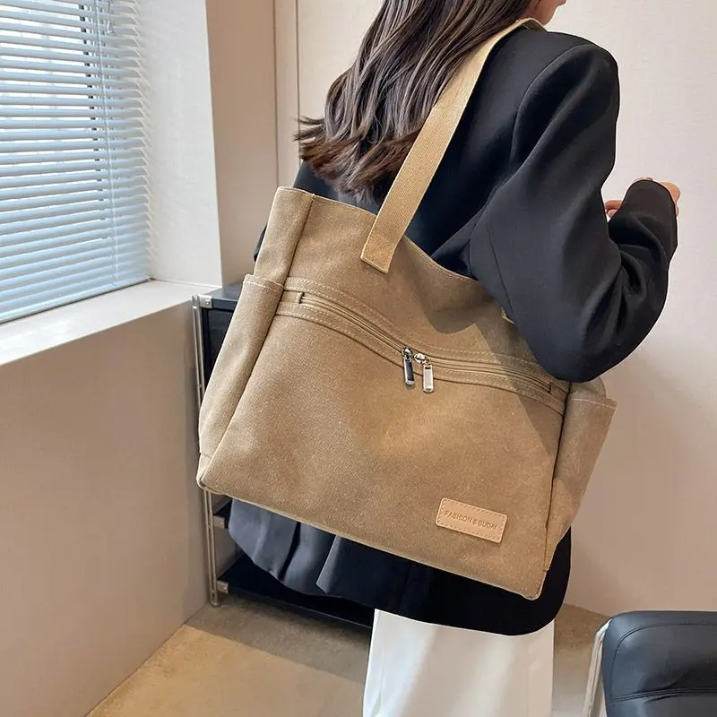 

2024 New Japanese and Korean Canvas Female Mori Department Large Capacity Students Tote Bag Solid Color Simple Shoulder Handbag