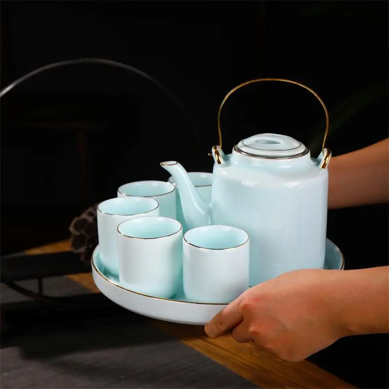 

Teapot set with tray Beam pot Large ceramic cup Hotel restaurant Commercial shadow blue solid color