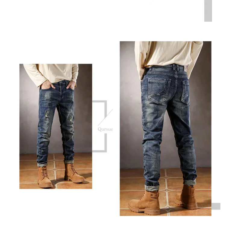 Designer Street Fashion Embroidered Men's Jeans Vintage Blue Elastic Slim Fit Ripped Small Straight Leg Jeans Hombre