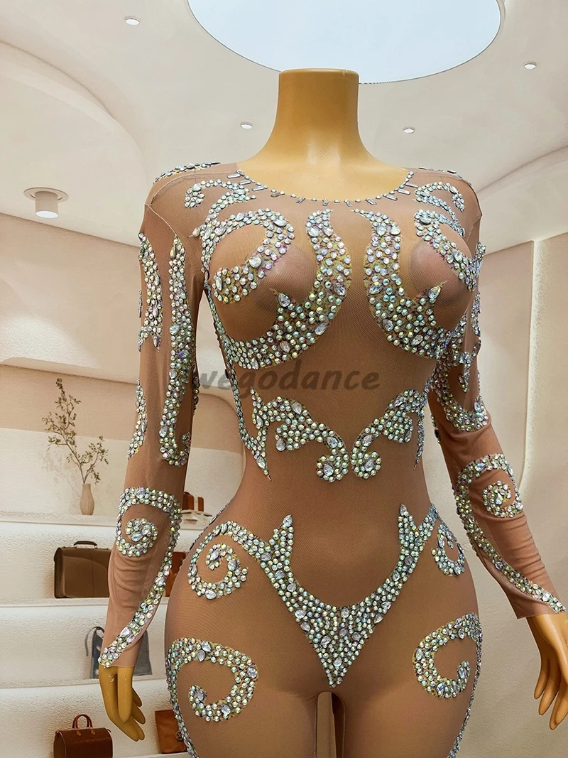 Sexy Bodysuit Outfit Birthday Performance Singer Costume Shining AB Color Rhinestones Nude Transparent Jumpsuit