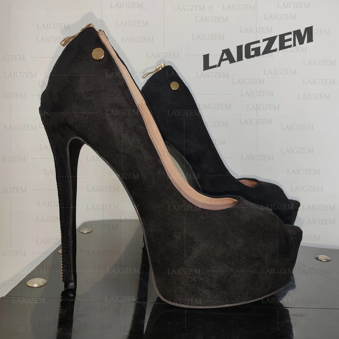 

ZHIMA Женские туфли-лодочки с открытым носком из искусственной замши на тонком высоком каблуке Сандалии без шнуровки на платформе Женская обувь ручной работы Женский большой размер 38 44 47 52