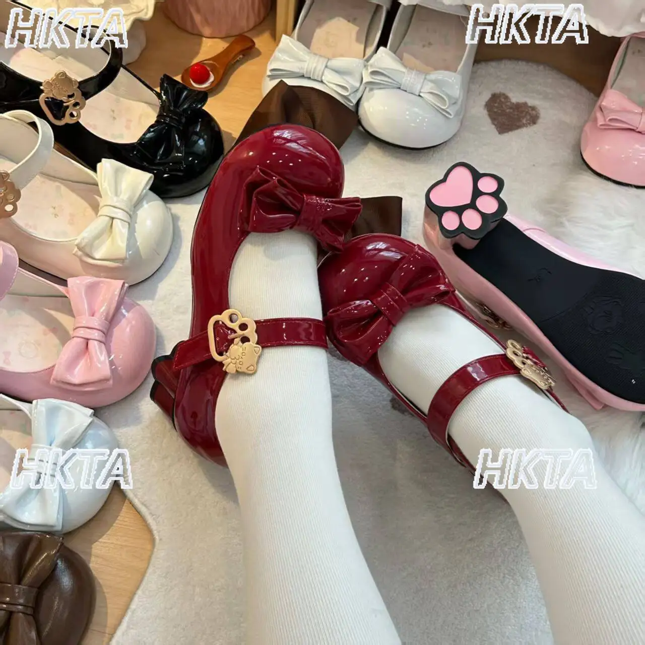 Japanese Sweet Cute Cartoon Tower Buckle Special Shaped Heel Round Head Bow Mid Heel Pumps White Shoes Daily Lolita Shoes Women