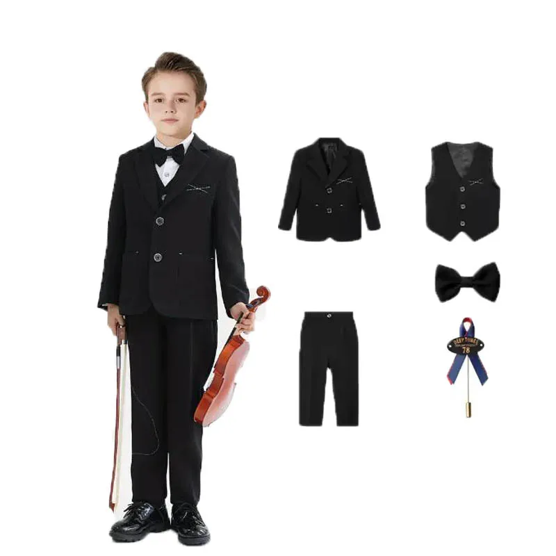 

School Kids Black 5Pieces/Set Jacket Vest Pants Brooch Bowtie Photography Dress Boys Wedding Suit Childre Performance Costome