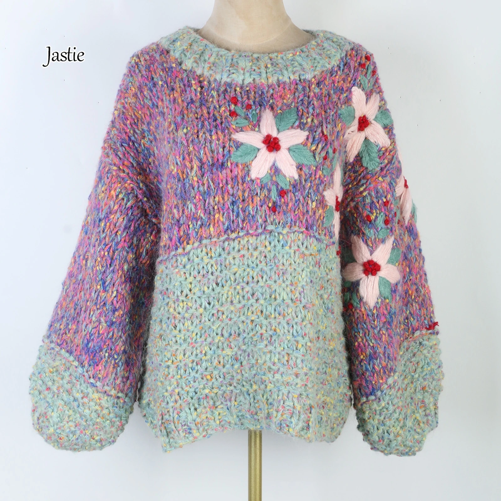 

Jastie Embroidery Hand Hook Flower O-Neck Knitted Pullover Lantern Sleeve Sweater Long Sleeve 2024 Spring And Autumn New Sweater