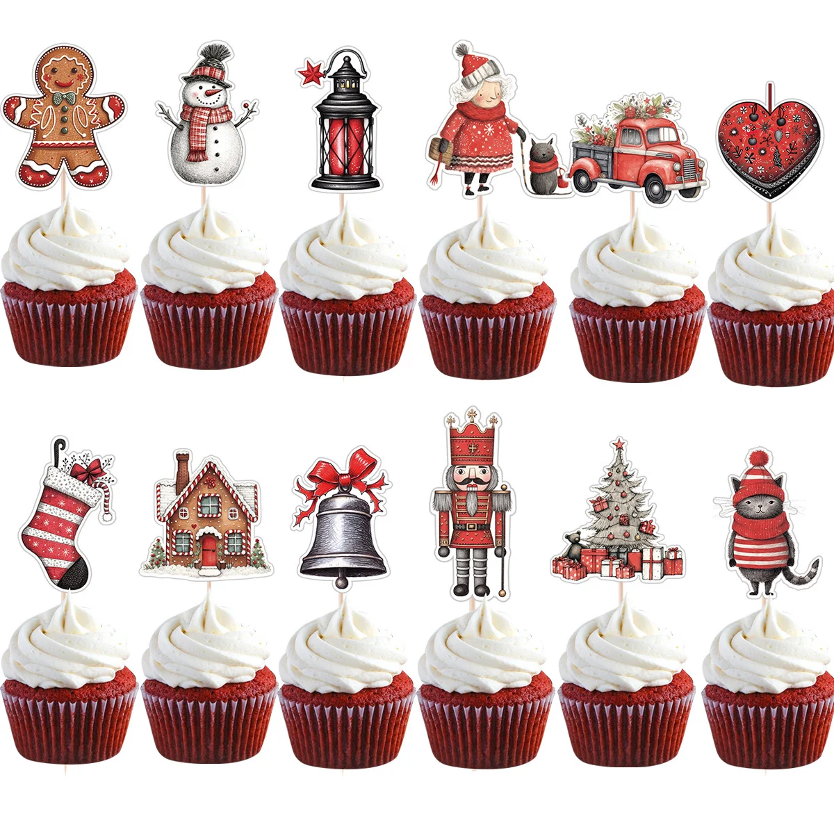 24pcs Weihnachten Cupcake Topper Karton Santa Claus Schneemann Pinguin Topper für Noel Weihnachten Party DIY Kuchen Dekoration Lieferungen