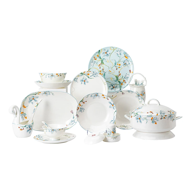 

Tableware set New Jingdezhen bowl, household Chinese housewarming new home ceramic dishes light luxury