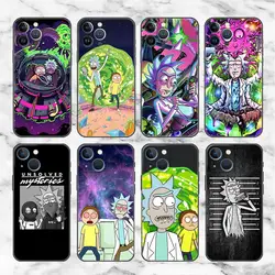 R-Rickss Cute Cartoon Case For Apple iPhone 11 15 13 14 Pro Max 12 Plus X 15Pro Black Silicone Phone Coque