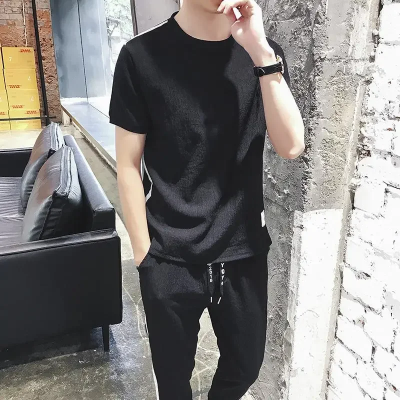 Sports Suits Black Male T Shirt Trousers Sets Oversized Men's Pants Set Outfits New in Matching Two Piece Korean Style 2024 Tee