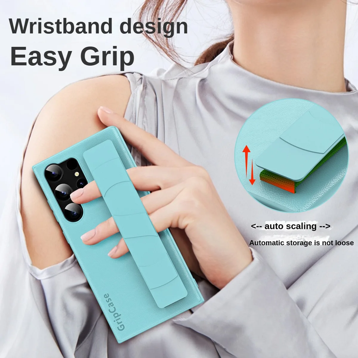 For Samsung Galaxy S24 S23 S22 Ultra Case Luxury Plain Skin Friendly PU Leather Wristband Elastic Wrist Strap Shockproof Cover