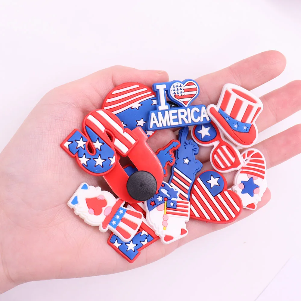 Wholesale 50pcs Shoe Charms America USA Heart Gentleman Hat PVC Garden Shoe Buckles Decoration Fit Hot Gift Kids X-max Gift