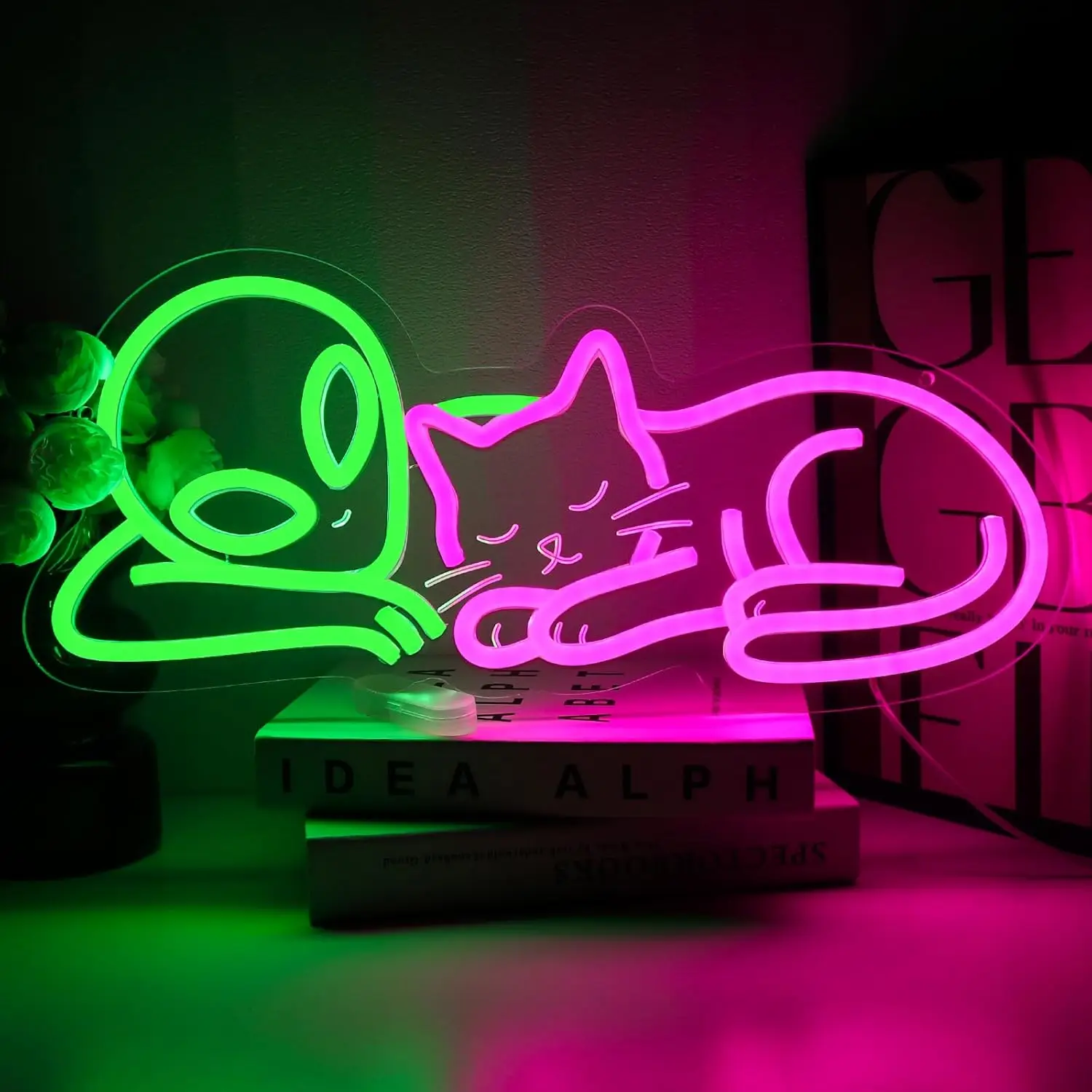 Alien&Cat Neon Sign Aesthetic Art Wall Light USB LED Neon Light for Home Game Room Bar Club Bedroom Decoration Gift Night Light