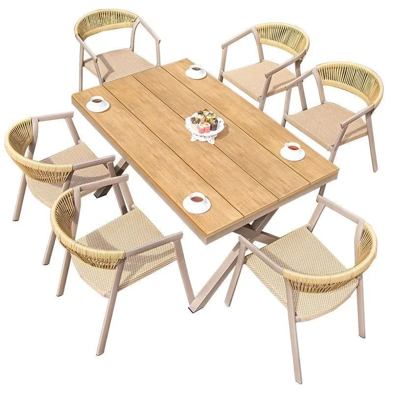Weatherproof Aluminum Rattan Outdoor Dining Set Patio Furniture With Slate / Teak / All Aluminum Table For Backyard Garden Cafe