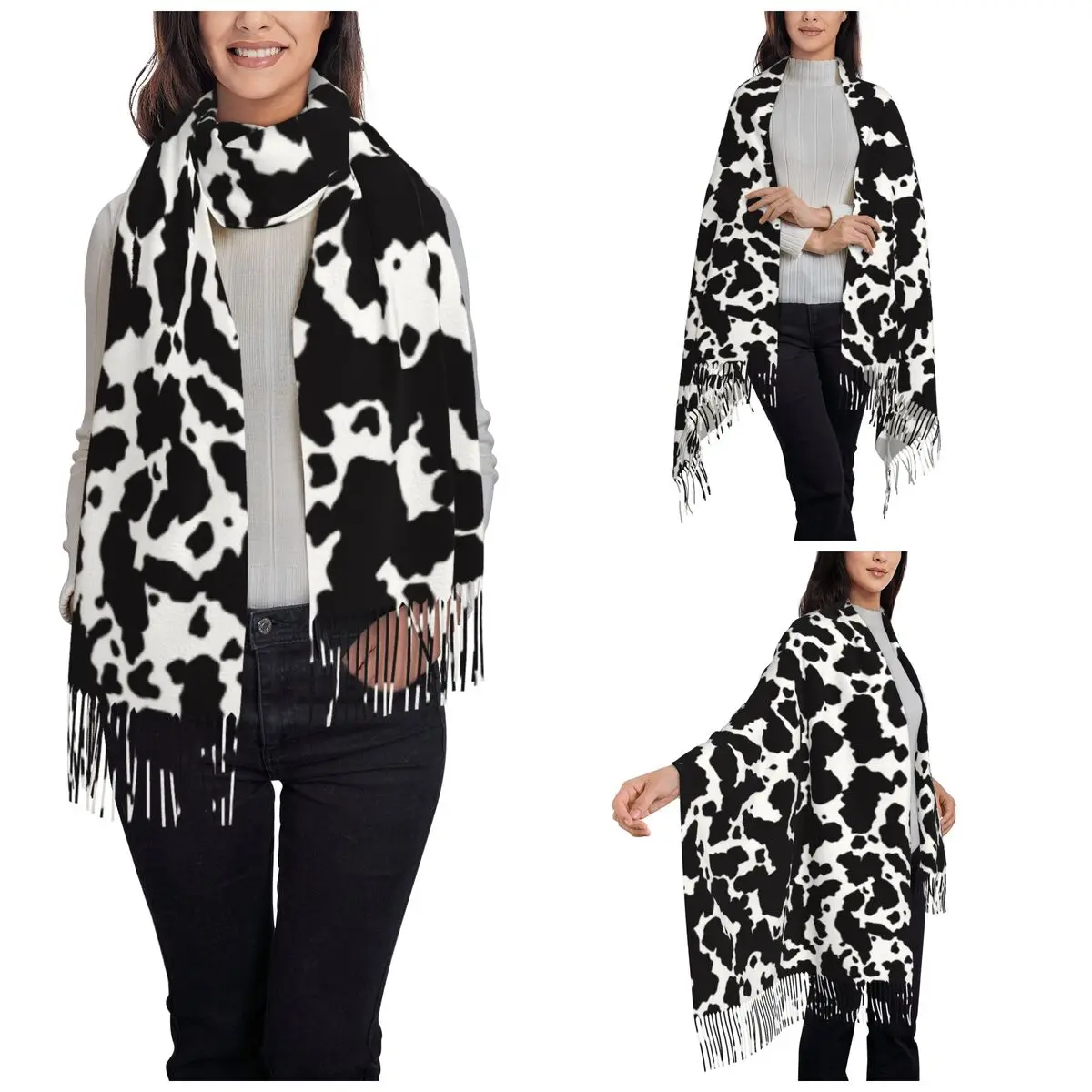 Women's Tassel Scarf Cow Skin Texture Spot Long Soft Warm Shawl and Wrap Animal Print Dalmatian Dog Stains Gifts Cashmere Scarf