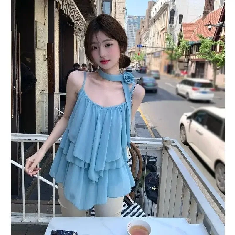 2026 Ropa Mujer Loose Tanks Solid Color Sleeve Sling Vest Women's Clothing Chic Chiffon Cute Camis Irregular Sweet Summer Tees
