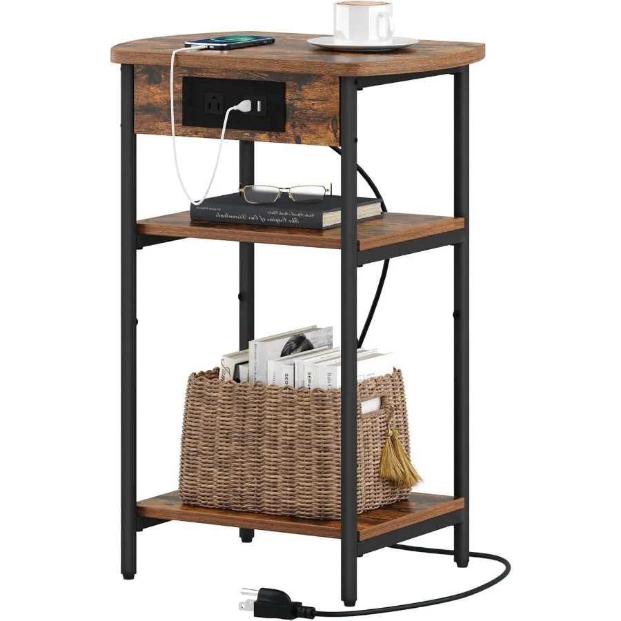 End Table with Charging Station 3 Tier Storage Bed Side Table with USB Port Outlet Nightstand for Living Room Bedroom Narrow Si