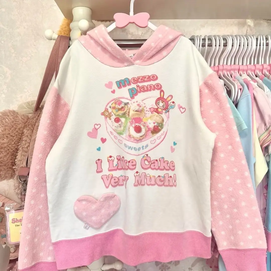 Japanese  Cartoon Mezzo Y2k Aesthetic Long Sleeved Cute Hooded T-shirt Autumn Spring New Plush Liner Thickened Hoodies Women