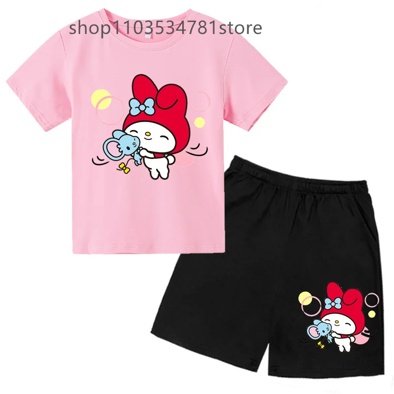 Hello Kitty Tshirt Set Kids Clothes Girls Fashion Top Children Short Sleeve Round Neck Casual Summer Baby T shirt Set Tops