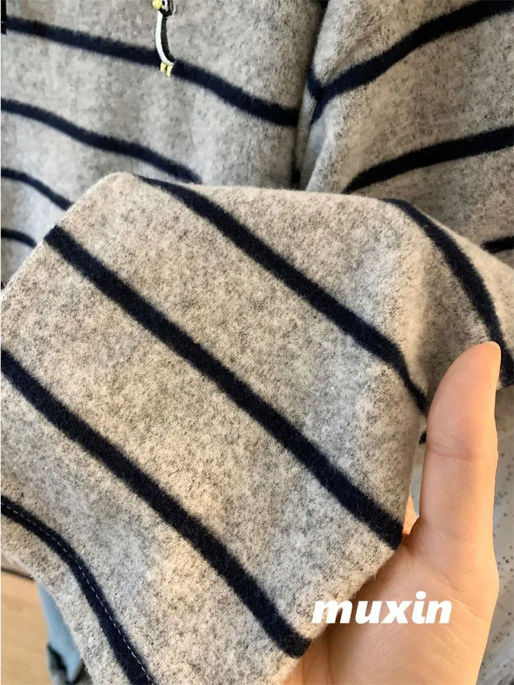 Extra groot 300-Pou geborduurd Penguin Brued herfst winter gestreept los dames lang Sve rond Ne T-shirt casual...