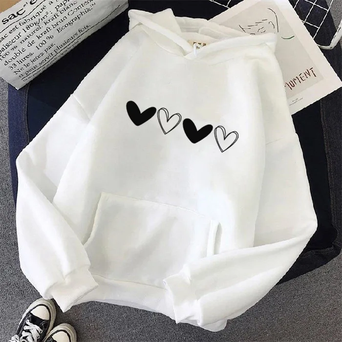 Atmungsaktiver, lockerer Damen-Hoodie aus Polyester mit herzförmigen Aufdrucken, locker sitzender Kapuzenpullover für alle Gelegenheiten