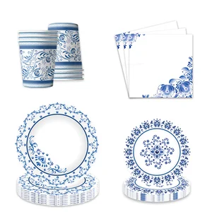 Blau -Weiß -Porzellan -Thema Geburtstagdekorationen, Einweggerichte, Papierservietten, Brillen, Geschirr, Tischdecken, Strohhalm, Party 6 Hauptverkaufsporzellanspielgerichte - №4