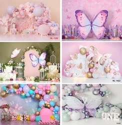 Photography Background Pink Flowers Balloons Butterfly Girls 1st Birthday Party Cake Smash Decor Backdrop Photo Studio