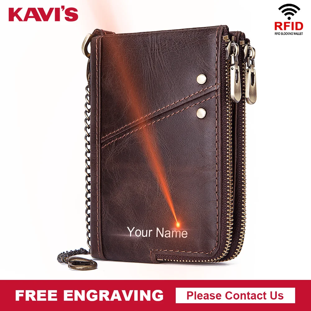 

100% Genuine Leather Wallet for Men RFID Anti-theft Money Bag with Card Slots Small Male Chain Portomonee Purses Engrave