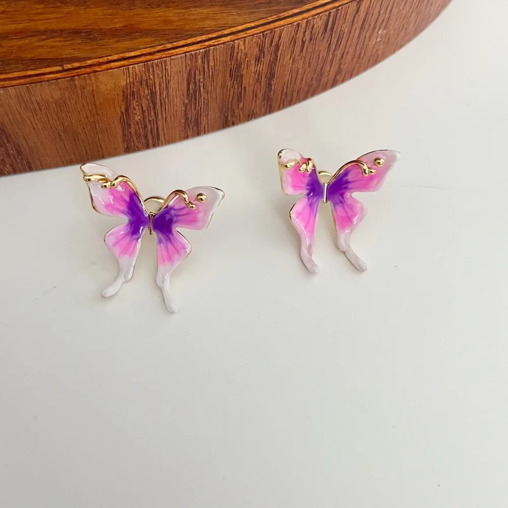 

New Year Pink Purple Gradient Enamel Glaze Sweet Butterfly Earrings Niche High-end Light Luxury Bohemia Style Jewelry for Women