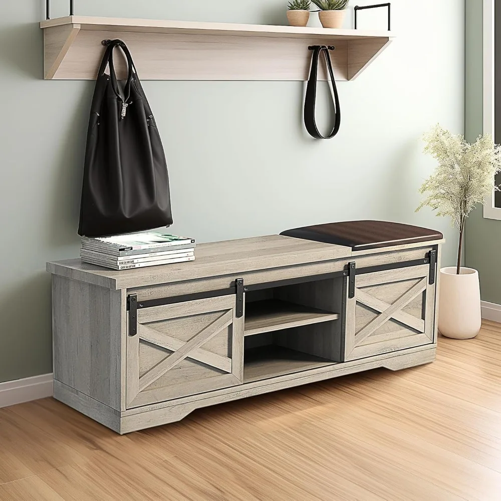 

Wood Entryway Bench with Shoe Storage, Farmhouse Shoe Bench with Sliding Barn Doors and Seat Cushion, Shoe Rack in Entry Way Hal