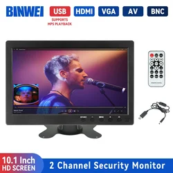 BINWEI-Moniteur de sécurité LCD HD avec haut-parleur, écran d'affichage pour documents d'ordinateur, entrée vidéo 2 canaux, VGA, USB, 10.1