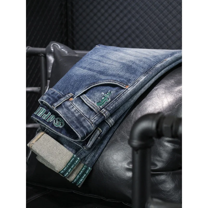 High-End Retro Embroidered Jeans Men's 2024 New Style Fashionable Korean Slim Fit Straight Trend Men's Clothing Stretch Pants