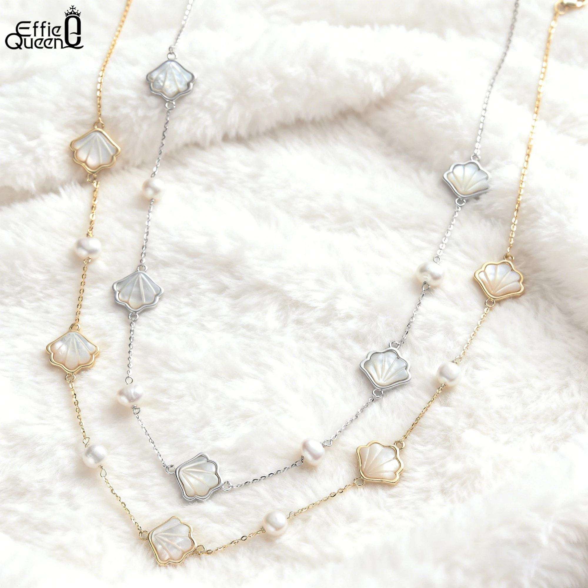 EFFIE QUEEN Summer Beach 925 Sterling Silver Shell Necklace Chain with Freshwater Pearls Ocean Bohemian for Women Jewelry GPN86