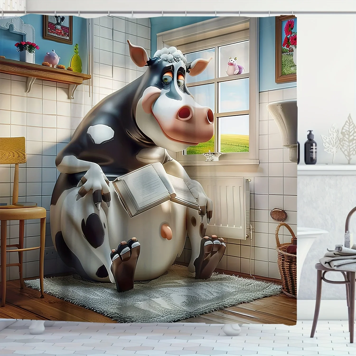 Whimsical Cow on Toilet Shower Curtain - Waterproof, Easy-Clean Fabric with Hooks Included, Perfect for All Seasons