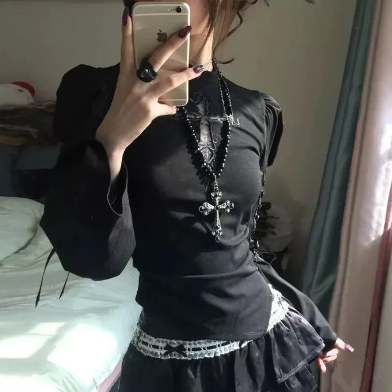 Camiseta de Manga Longa Estilo Gótico Escuro para Mulheres, Moda de Rua, Top Casual Bodycon, Vintage Americano, Primavera Verão 2026, Nova Chegada
