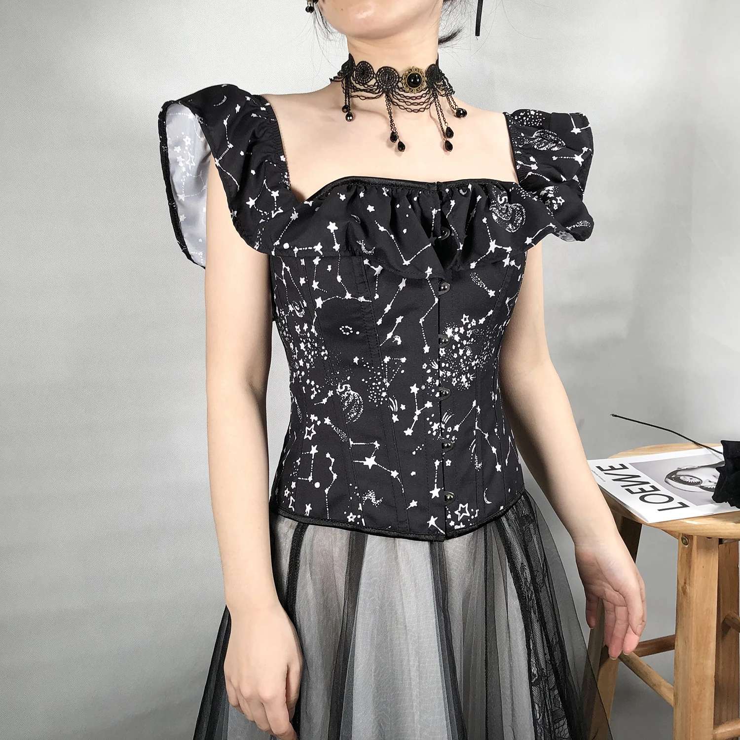 

New Starry Sky Black Sexy Bridal Wedding Dress Gathered Waist Corset Women Sexy Gothic Busiter Tops Body Shaper Slimming Clothes